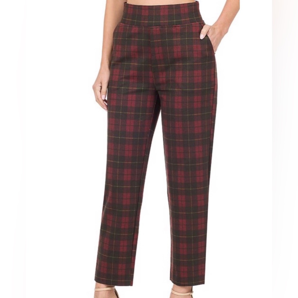 Red/Black Plaid Women’s New Boutique Trouser Pants Tummy Control Ankle Sz2X